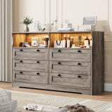 Garvee Kommode mit 6 Schubladen, LED-Beleuchtung, USB-Anschlüsse, 140 cm, für Schlafzimmer und Wohnzimmer, Grau - Grau