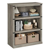 Garvee Bücherregal 4 Ebenen 80 x 32 x 102 cm, breites Standregal aus Holz mit 3 Regalbereichen, stabiles Aufbewahrungsregal im Industrie-Look, Grau