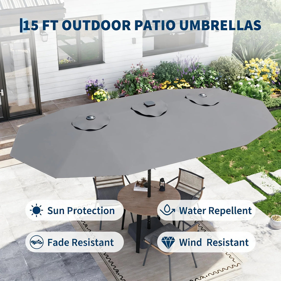 Garvee 270×450 cm Rechteck-Sonnenschirm mit Solar-LED-Beleuchtung & Standfuß, UV-beständiger Gartenschirm mit Kurbelgriff, für Terrasse, Pool & Garten, Grau