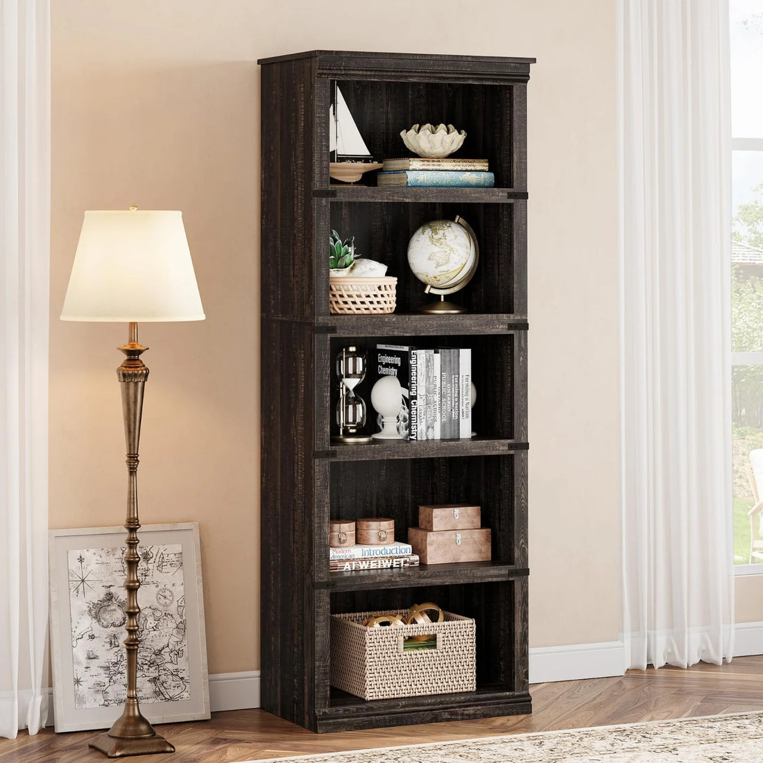 Garvee 5-stöckiges Bücherregal 62 x 32 x 171 cm, stabiles Standregal aus MDF im Kolonialstil, graues Holzregal mit Stauraum für Wohnzimmer, Büro & Arbeitszimmer, Eiche Dunkel
