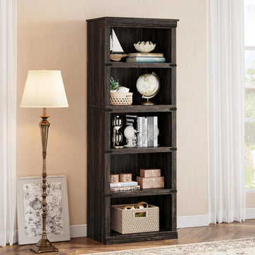 Garvee 5-stöckiges Bücherregal 62 x 32 x 171 cm, stabiles Standregal aus MDF im Kolonialstil, graues Holzregal mit Stauraum für Wohnzimmer, Büro & Arbeitszimmer, Eiche Dunkel