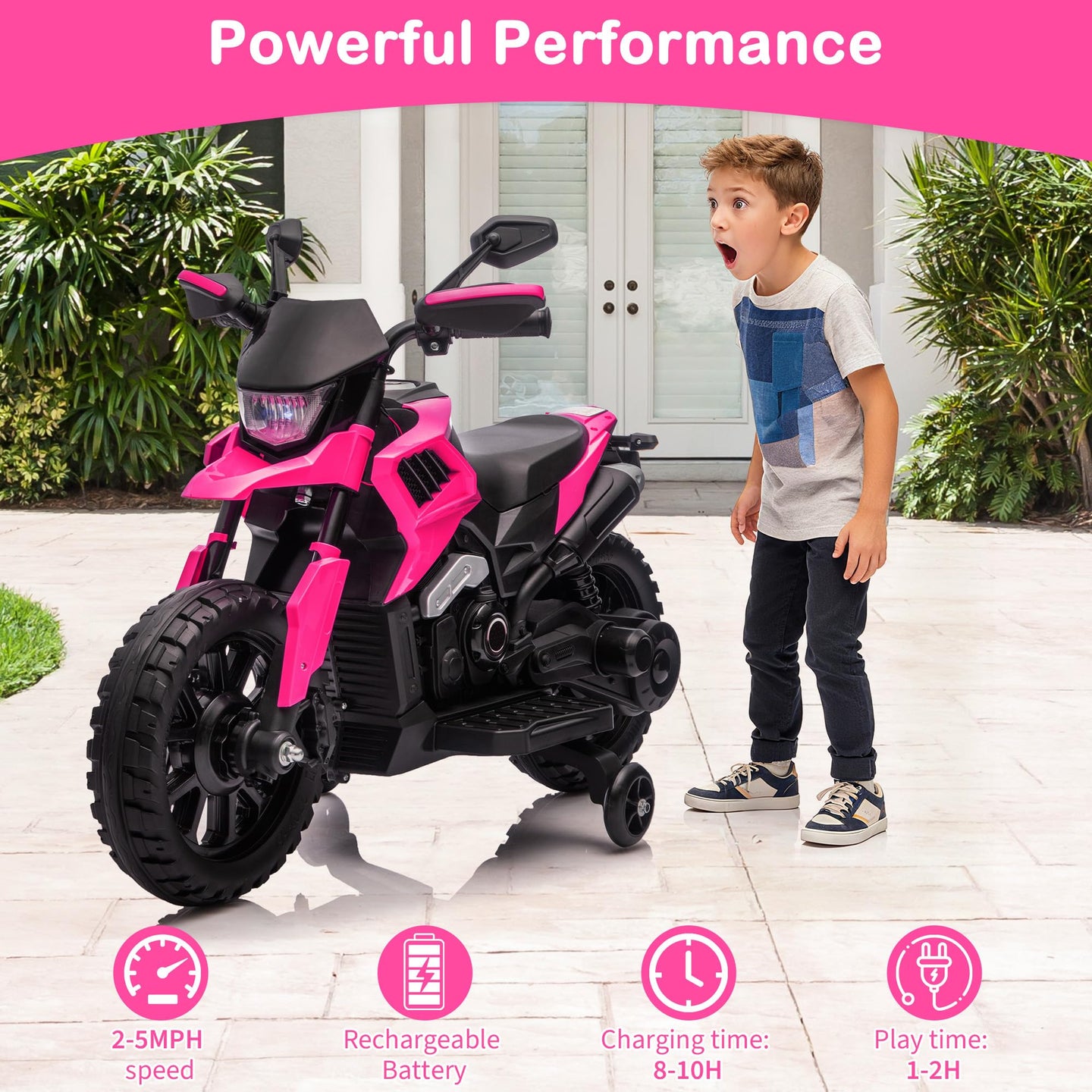 GARVEE Elektrisches Kinder-Motorrad Pink mit Stützrädern, 6V Akku und Geschwindigkeit 2–5 MPH