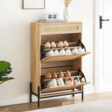 Garvee Natürlicher Rattan Aufbewahrungsschrank Mit 2 Klappschubladen, Verstellbarem Regal, Metallbeinen Für Flur Und Eingangsbereich, Schmal, Holzfarben - Eiche
