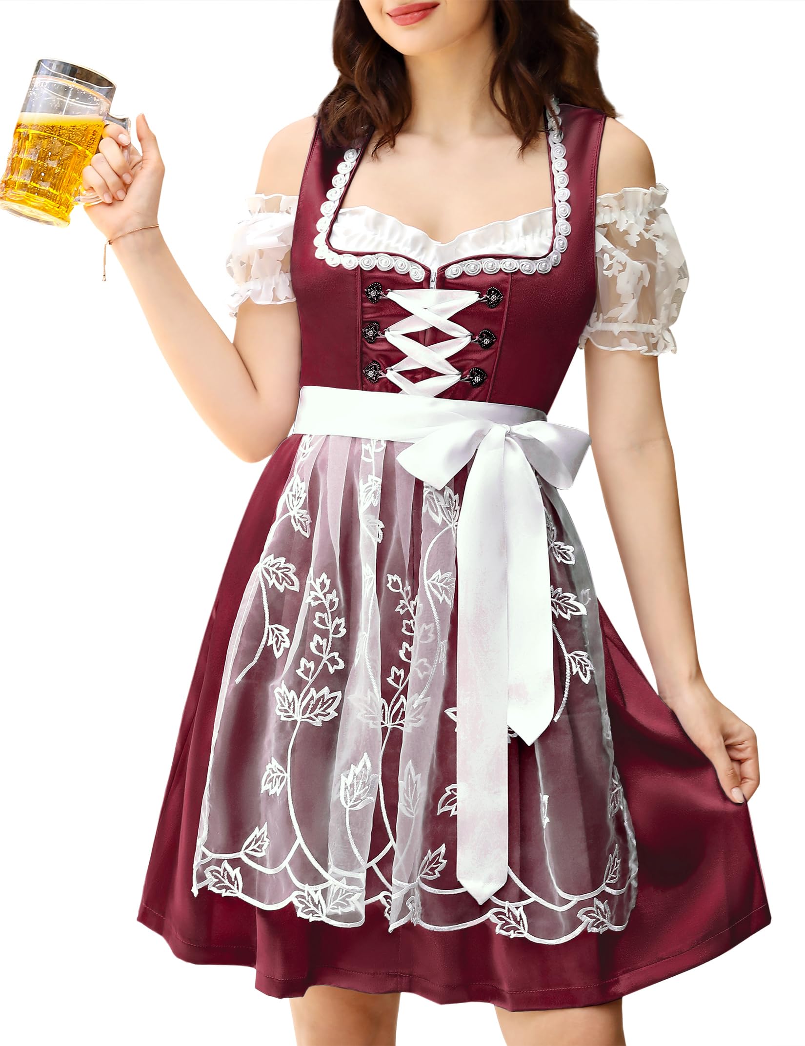 Garvee Damen Dirndl Set 3tlg. Midi Dirndl-Komplettsets Trachtenmode Mit Schürze, Bluse, Kleid, Dunkelblau, Gr.34-48
