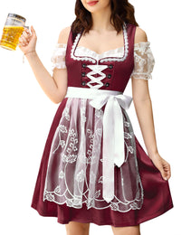 Garvee Damen Dirndl Set 3tlg. Midi Dirndl-Komplettsets Trachtenmode Mit Schürze, Bluse, Kleid, Dunkelblau, Gr.34-48