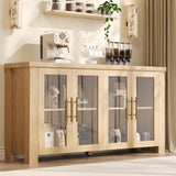 Garvee Sideboard Natur 150 x 40 x 80 cm mit 4 Glastüren, Buffetschrank in Holzoptik mit Stauraum für Wohnzimmer und Esszimmer - Natur