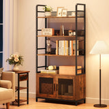 Garvee Industrielles Bücherregal Mit Türen, 4 Ebenen, Metallrahmen, MDF-Holz, Mesh-Schrank Für Wohnzimmer Und Büro, 70.87"x31.5"x12", Rustikal