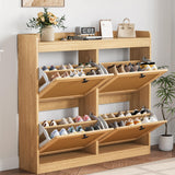 Garvee Schuhschrank mit 4 Klappen, 105 × 23 × 96 cm, schmaler Schuhkipper mit Rattanfronten, Platz für 26–32 Paar Schuhe und Kippschutz, Natur - Naturholz