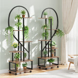 Garvee 2er-Set 6-Stufiger Metall Pflanzenständer Mit Rädern, Halbes Herzdesign, Holzregale Für Garten & Balkon, Mobil, Robust, 68 Zoll, Schwarz - Braun (Tigerholz)