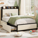 Garvee Twin Size Bettgestell Mit 2 Schubladen & Ladestation Für Schlafzimmer, Beige, Geräuscharm, Metallrahmen, Samtbezogen