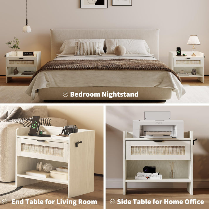 GARVEE Rattan-Nachttisch mit integrierter Ladestation für Schlafzimmer, Wohnzimmer und Büro
