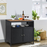 Garvee Outdoor-Aufbewahrungsschrank aus Polyrattan, wetterfester Gartenschrank mit Regal, Aluminium-Tischplatte, 2 Türen und Magnetverschluss, für Garten & Terrasse, Braun - Schwarz/Braun