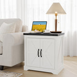 GARVEE Landhaus-Beistelltisch 61 cm mit USB-Ladestation, Scheunentür-Design, Rustikales Holz, Verstellbare Regalböden, Großer Stauraum für Schlafzimmer & Wohnzimmer, Weiß