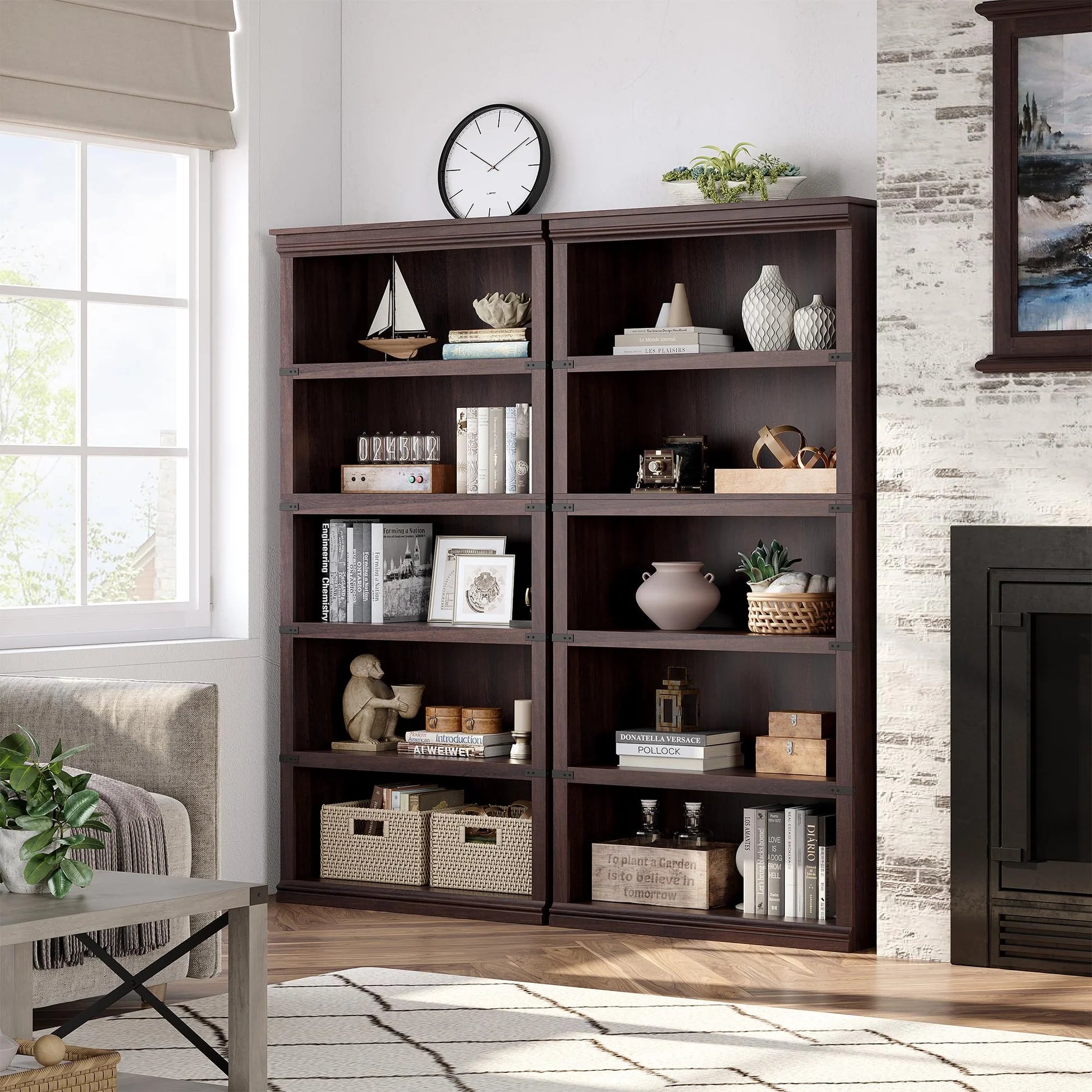 Garvee Bücherregal 171 cm, 5-stöckiges Standregal im Landhausstil, offenes Holzregal mit 5 Ablagen und Stauraum, für Homeoffice, Wohnzimmer & Schlafzimmer, Kirschbaum