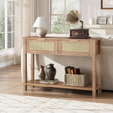 Garvee Farmhouse Rattan Konsolentisch Mit 2 Schubladen, Natürliche Rattan-Schiebetür, Wohnzimmer Und Flur, 43"x12"x31", Holzfarben