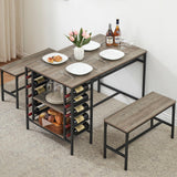 Garvee Esszimmer-Set Für 4 Mit Weinregal & Stauraum, Metall & Holz, Platzsparend, Robust, 2 Bänke, Kleine Räume - Grau
