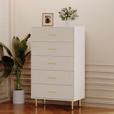 GARVEE Weiße Kommode mit 5 Schubladen, Goldenen Metallgriffen & Beinen, Schmaler Holz-Schrank im Modernen Design für Schlafzimmer & Flur