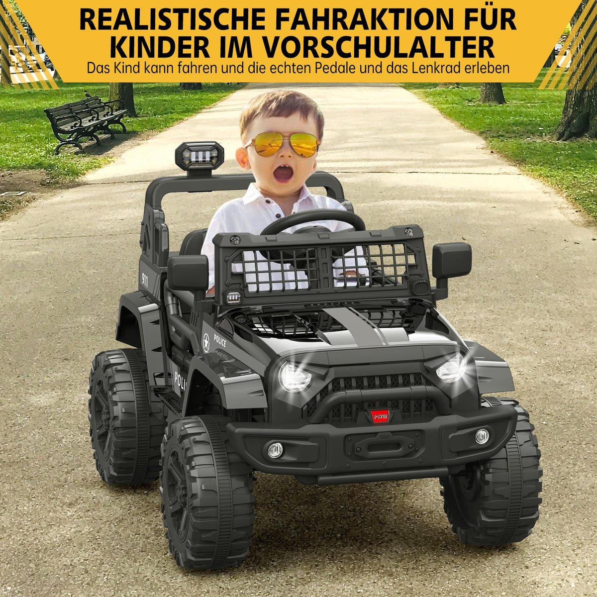 Kinder Elektroauto mit Geländereifen und Federung