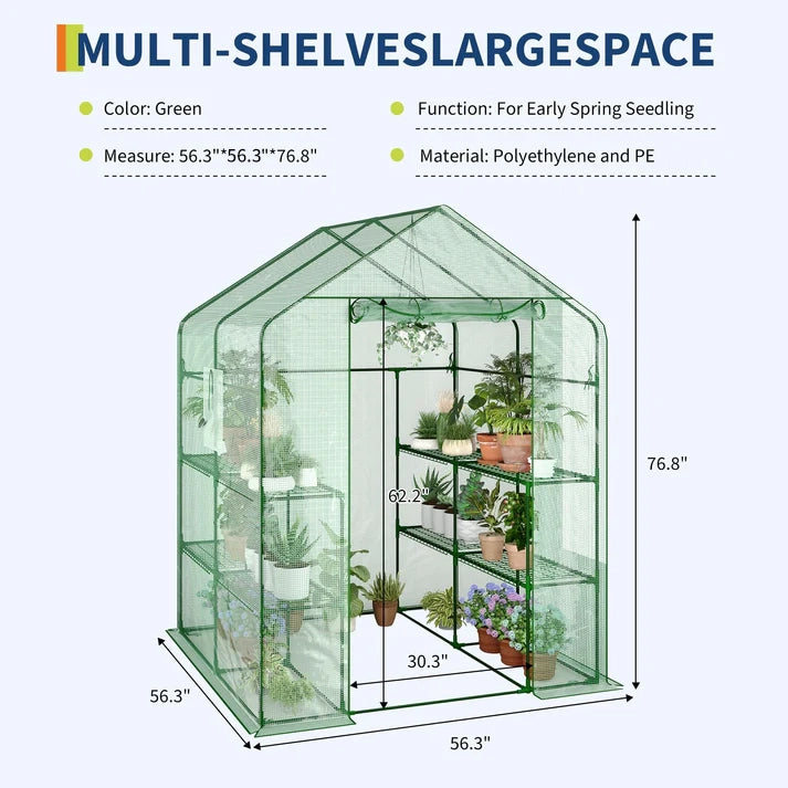 Garvee Gewächshaus 143 × 143 × 195 cm – 3 Ebenen, 12 Regale, Dicker PE-Bezug, Fenster, Tragbar