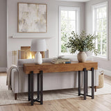 Garvee Konsolentisch schmal 160 × 30 × 79 cm, Flurtisch mit schwarzem Metallgestell, Sofatisch in dunkelbrauner Holzoptik