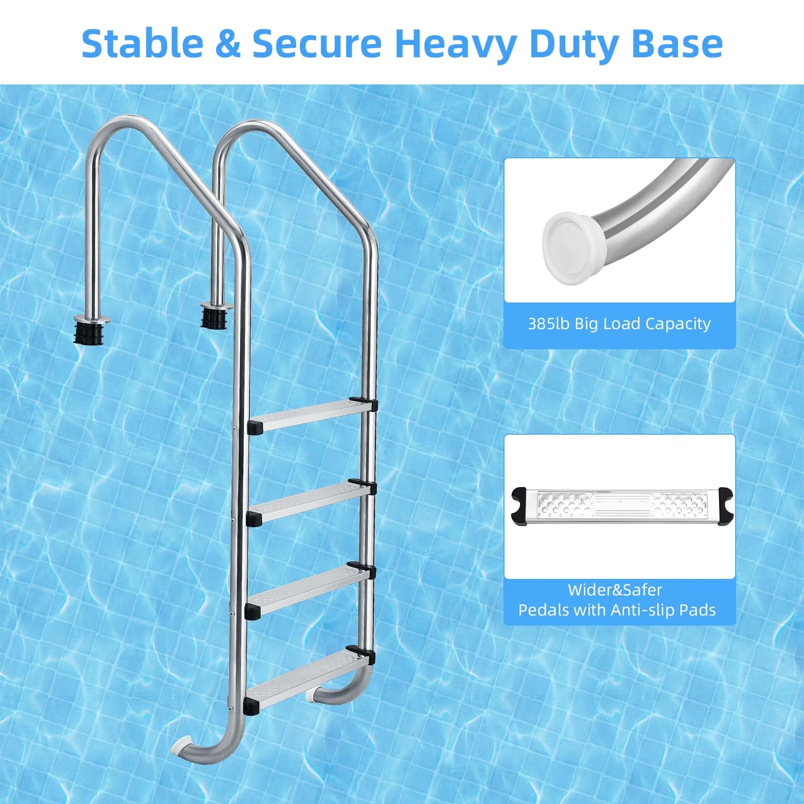 Garvee 4-Stufen-Poolleiter aus 304-Edelstahl, Schwimmbadleiter für eingelassene Pools, rutschfeste Stufen, stabiler Handlauf, robuste Edelstahlleiter für Schwimmbecken