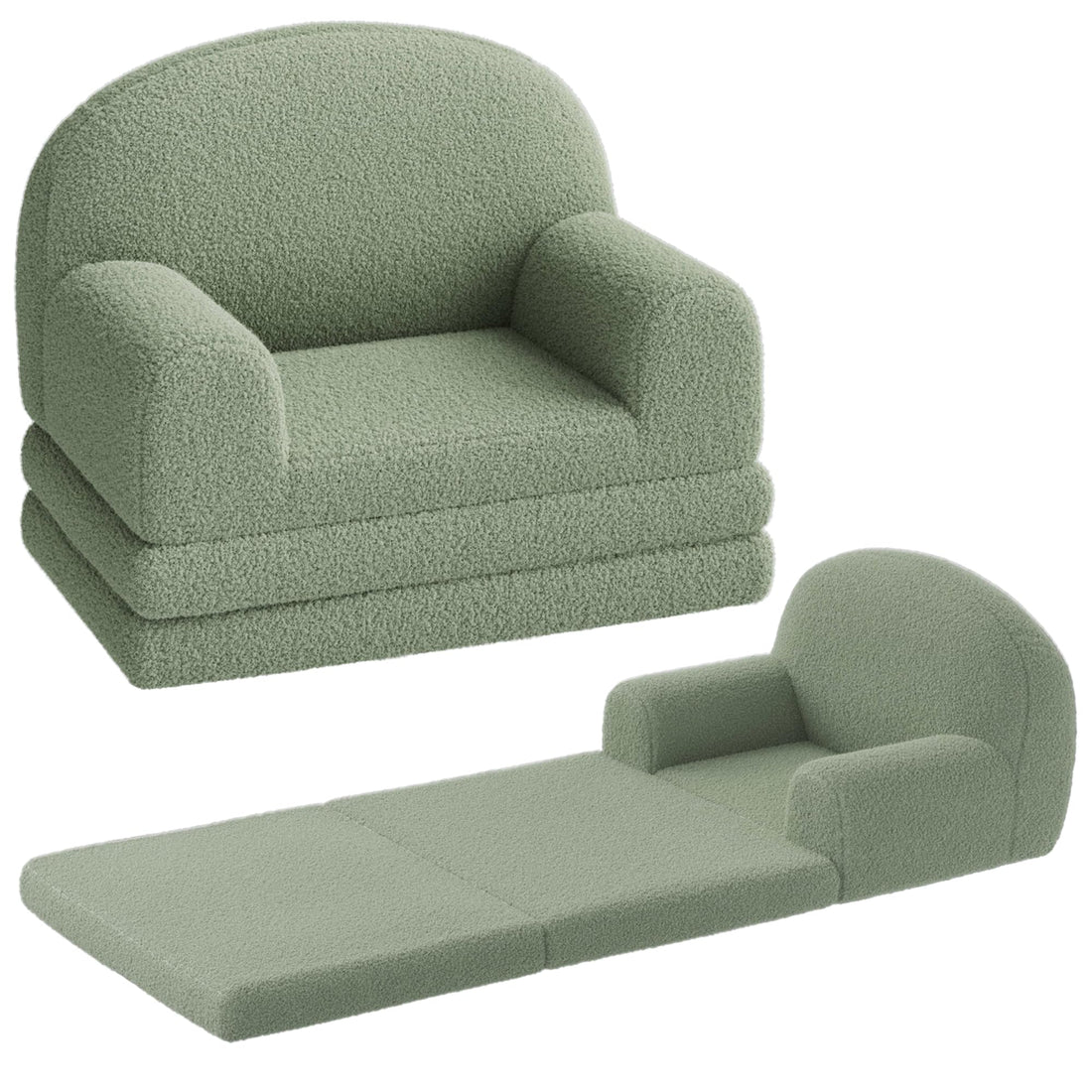 GARVEE Kindersofa 2-in-1, Ausklappbares Kinder Sofa mit Weichem Sherpa-Bezug und Schaumstofffüllung, Kindercouch für Spielzimmer, Kinderzimmer & Lesen, Grün