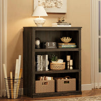 Garvee Bücherregal 4 Ebenen 80 x 32 x 102 cm, breites Standregal aus Holz mit 3 Regalbereichen, stabiles Aufbewahrungsregal im Industrie-Look, Eiche Dunkel