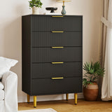 Garvee Kommode mit 5 Schubladen, modernes Rillendesign, stabile Metallbeine, für Schlafzimmer und Wohnzimmer, Schwarz - Schwarz