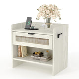 GARVEE Nachttisch im Rattan-Design mit USB-C-Ladestation, 1 Schublade und Offenem Ablagefach, 60 × 39 × 56 cm, Holz-Beistelltisch für Schlafzimmer, Wohnzimmer und Büro, Weiß - Weiß