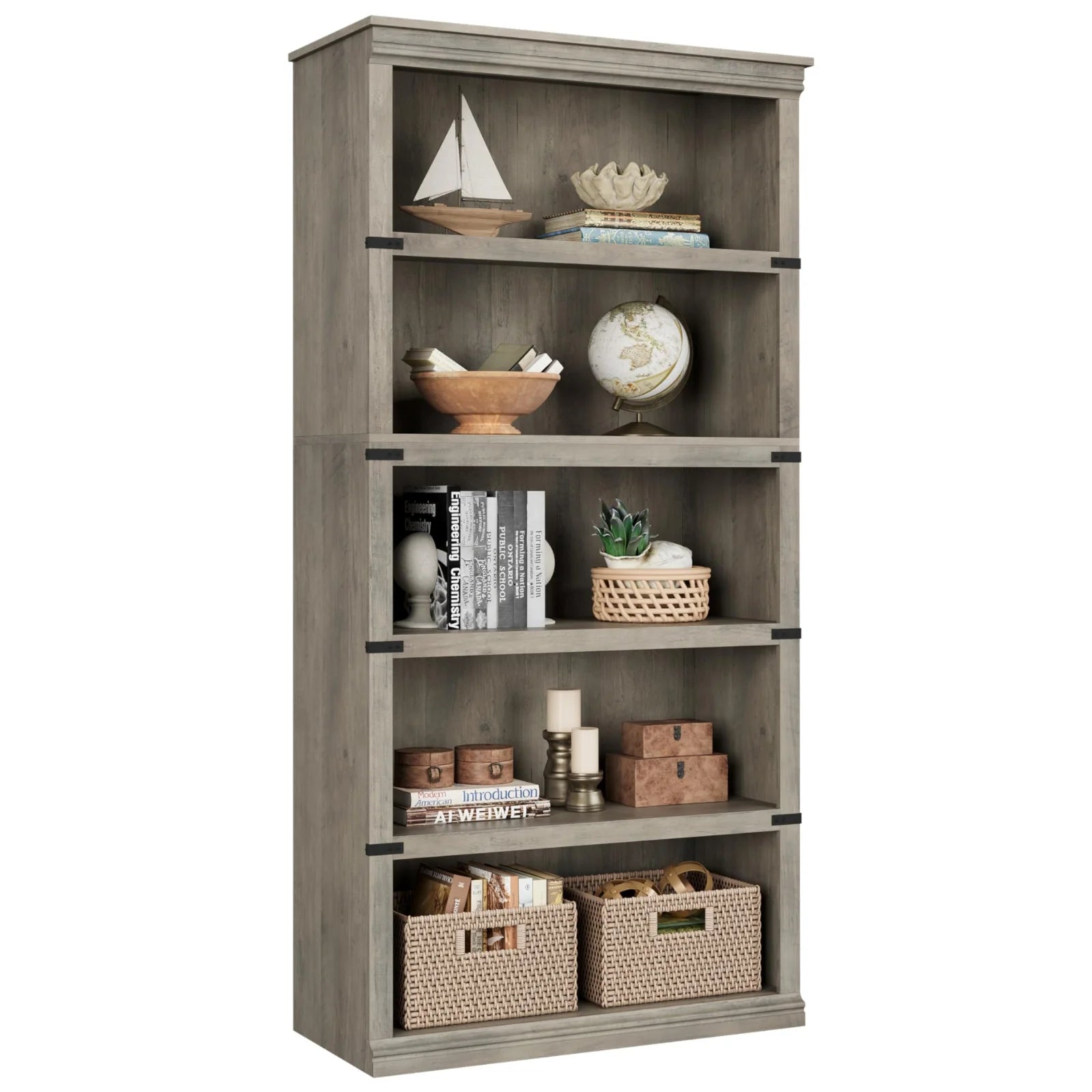 Garvee Bücherregal 171 cm, 5-stöckiges Standregal im Landhausstil, offenes Holzregal mit 5 Ablagen und Stauraum, für Homeoffice, Wohnzimmer & Schlafzimmer, Grau