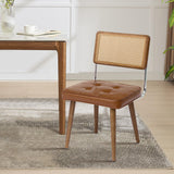 Garvee Mid-Century Rattan Esszimmerstuhl, Handgewebte Rückenlehne, Gepolstert, Holzrahmen, PU-Leder - Braun