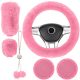 Garvee 6-Teiliges Plüsch-Lenkradbezug-Set Für Damen Autozubehör Rosa, Weicher Flaum, Bling, 38 cm Lenkraddurchmesser - Rosa