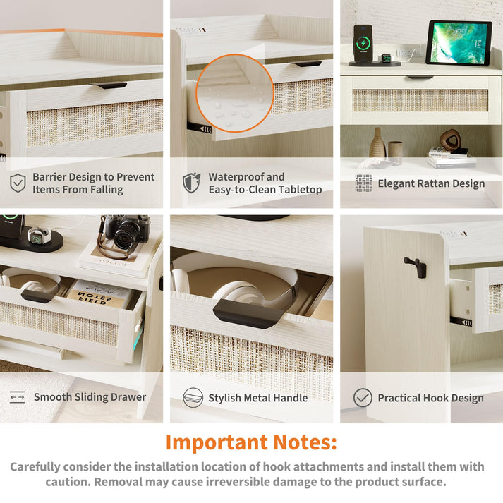 Produktdetails: Rattan-Design, rutschsichere Randbarriere, wasserfeste Tischplatte, Metallgriffe, Haken und leicht laufende Schubladen