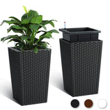Garvee 16 Zoll Hohe Rattan Pflanzkübel Set 2 Mit Wasserstandsanzeige & Rollen Für Terrasse Und Wohnzimmer Weiß Wetterfest - weiß