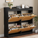 Garvee Schuhschrank mit 4 Klappen, 105 × 23 × 96 cm, schmaler Schuhkipper mit Rattanfronten, Platz für 26–32 Paar Schuhe und Kippschutz, Schwarz - Schwarz