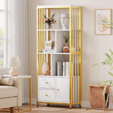 Garvee 4-Stöckiges Bücherregal Mit 3 Schubladen, Gold & Weiß, Metallrahmen Für Wohnzimmer Und Büro, Modernes Design, Verstellbare Füße