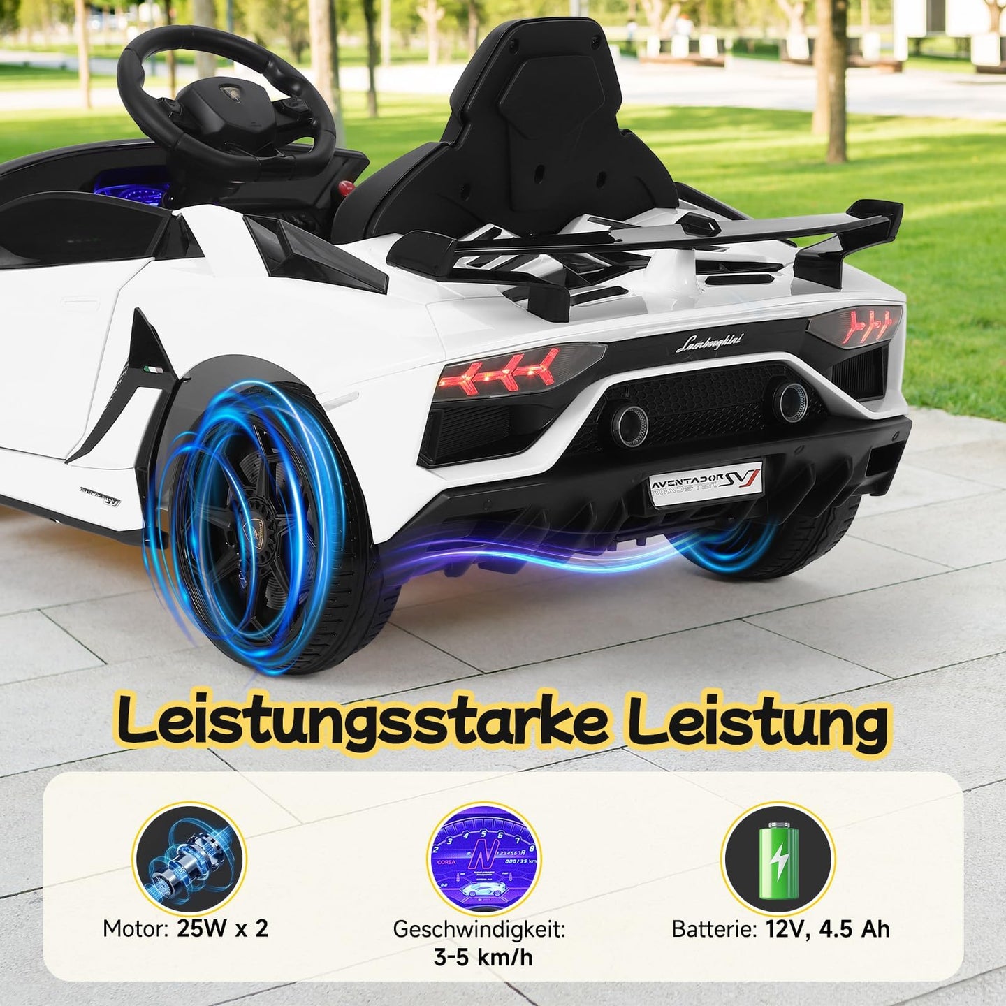 Leistungsstarker 2x25W Doppelmotor, 12V 4,5Ah Akku und LED-Leuchträder für dynamische Fahrerlebnisse