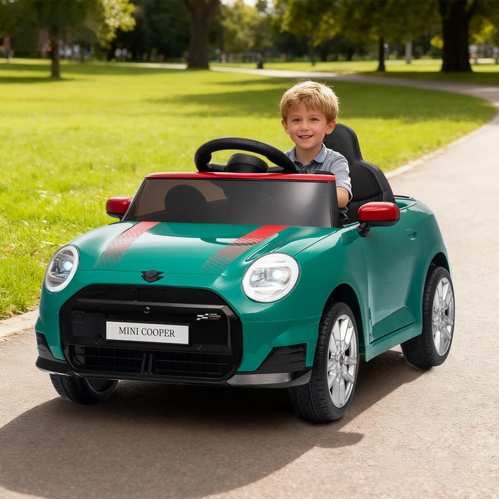 Offiziell lizenziertes MINI COOPER Kinder-Elektroauto in Grün mit Sicherheitsgurt und Doppelfahrmodus