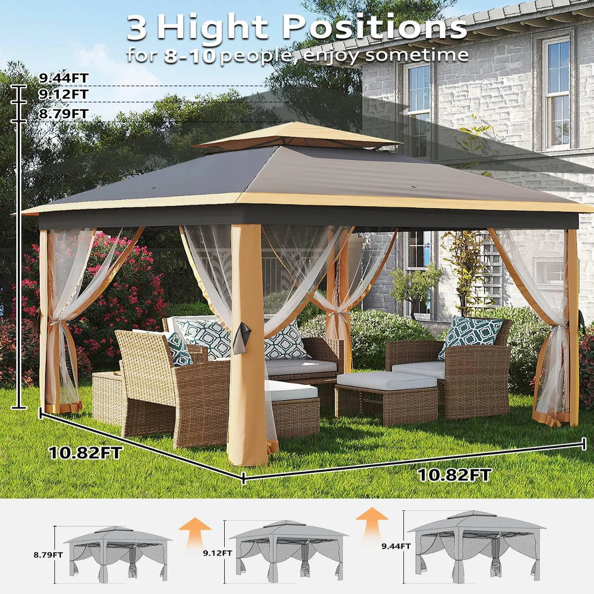 Garvee Pop Up Pavillon 335×335 cm, Mit Moskitonetz, Wasserdicht, UV-Schutz, Höhenverstellbar