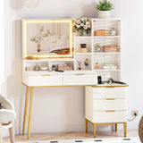 Garvee Fluted Vanity Desk Mit Spiegel & 3-Farb LED Licht, 5 Schubladen & Regale, Weiß & Gold, Schlafzimmer Schminktisch, 45 Zoll