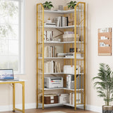 Garvee Eckregal 218,4 × 63,5 × 63,5 cm, mit Kippschutz, mit 7 Ablagen, MDF & Metall, Weiß & Gold - Weiß & Gold