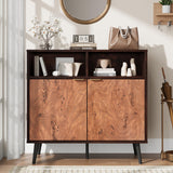 Garvee Sideboard 80 cm, Buffetschrank mit Schubladen, Türen & offenen Regalen, Walnussoptik, Dunkelbraun, mit Stauraum, mit LED