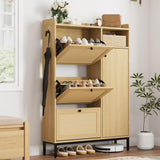 Garvee Schuhschrank mit 3 klappbaren Schubladen und 4 verstellbaren Regalen, Rattan und MDF, Organizer für Eingangsbereich und Flur, stabile Metallfüße, Farbe Natur - 