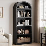 Garvee Bücherregal 5 Ablagen Arched Farmhouse Holz Mit Metall-Ecken Für Wohnzimmer Büro 71.65x29.92x11.88 Zoll Naturholz - Schwarz
