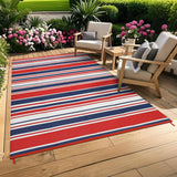 GARVEE Outdoor-Teppich 274 x 549 cm, Wendbarer Balkonteppich aus Kunststoffstroh, Geometrisches Streifenmuster für Terrasse, Balkon & Strand, Wetterfest, Mehrfarbig - Rot-Blau gestreift