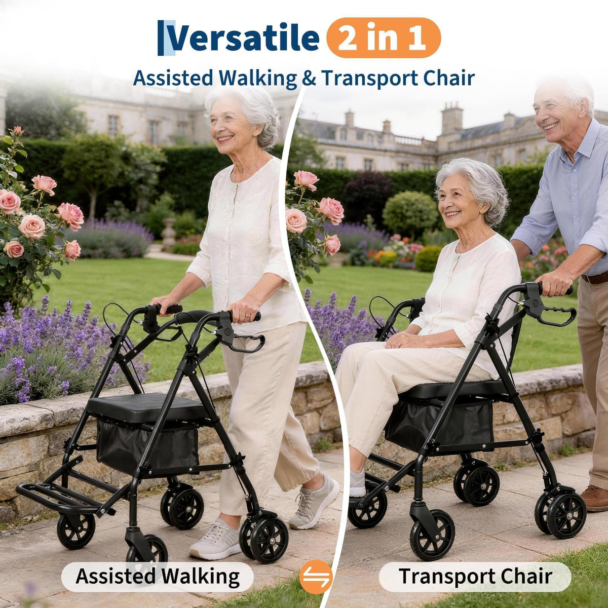 Garvee 2-in-1 Rollator schwarz mit 4 Rädern