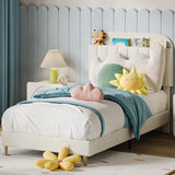 Garvee Twin Bettgestell Mit Samtpolster Und Buchregal Kopfteil Für Kinderzimmer, Cremeweiß, Robuste Stahlbeine, Geräuschfrei, Einfacher Aufbau - Beige