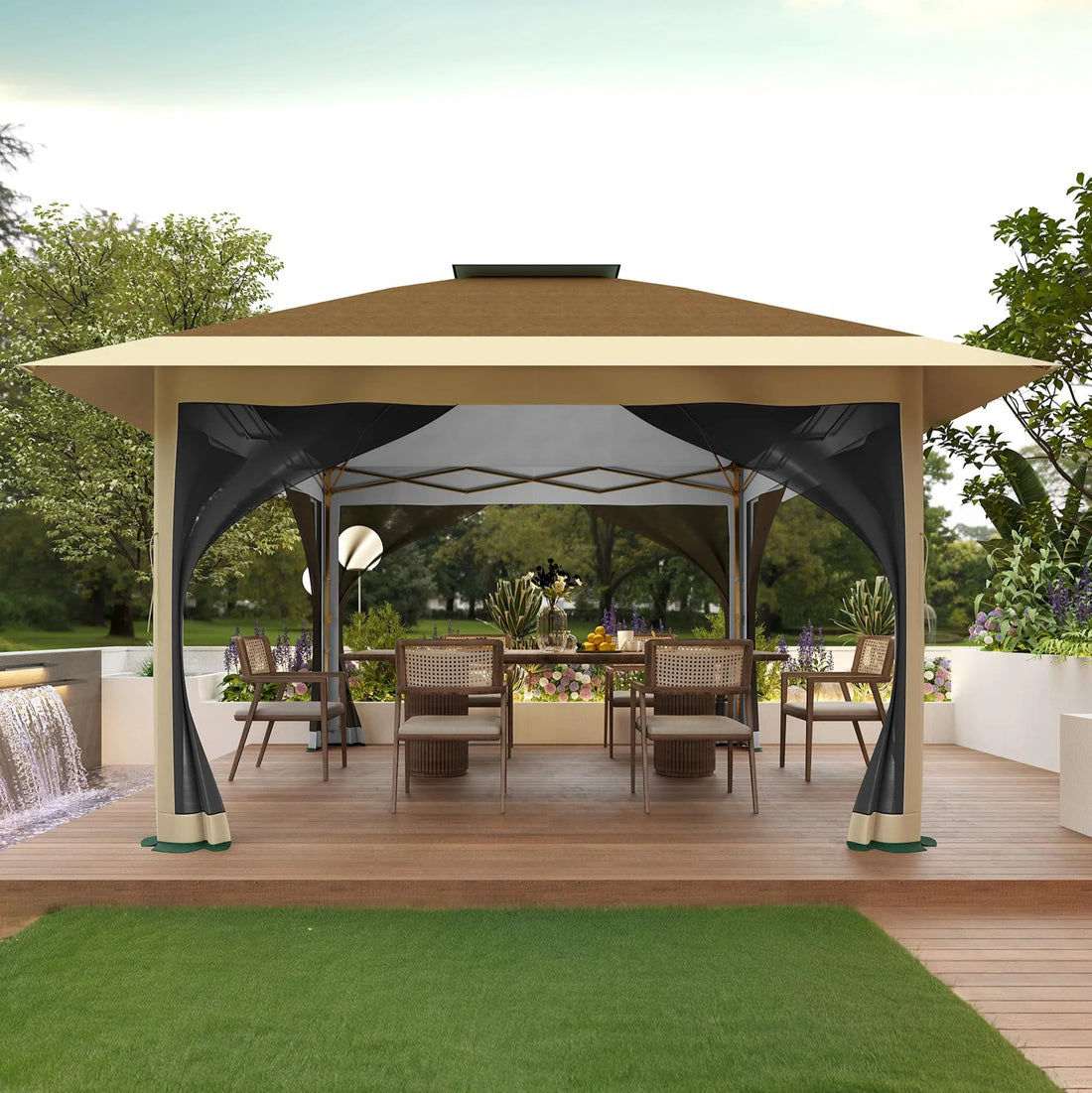 GARVEE Pop-Up Pavillon 3,65 x 3,65 m mit Moskitonetz, UV-Schutz, 3-fach Höhenverstellbar, Stahlrahmen, 6 Seitenwände & Sandtaschen, Für Garten & Camping, Khaki
