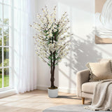 Garvee 5FT Künstlicher Wintersweet Baum Mit Lebensechten Weißen Blüten, Polyester, Schwarzer Topf, Indoor & Outdoor Dekor