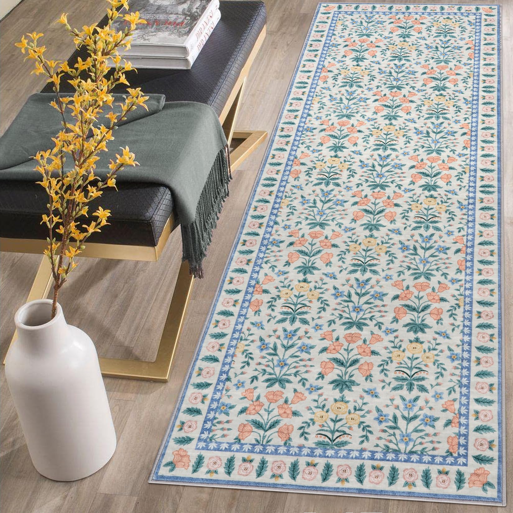 Garvee Indoor Bohemian Dekorativer Teppich Rot-Braunes Blumenmuster 80 x 150 cm Rutschfester Teppich mit Niedrigem Flor Geeignet für Wohnzimmer/Kinderzimmer/Spielzimmer